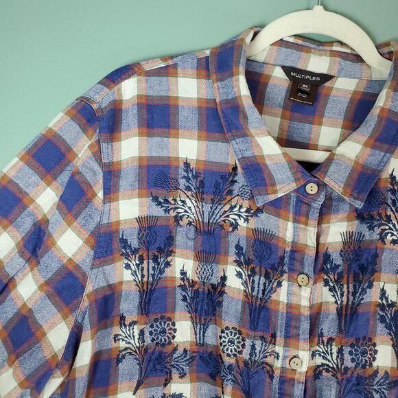 Multiples Womens Linen Floral Embroidered Button Up Plaid Shirt Size 3X Collar - Picture 4 of 5